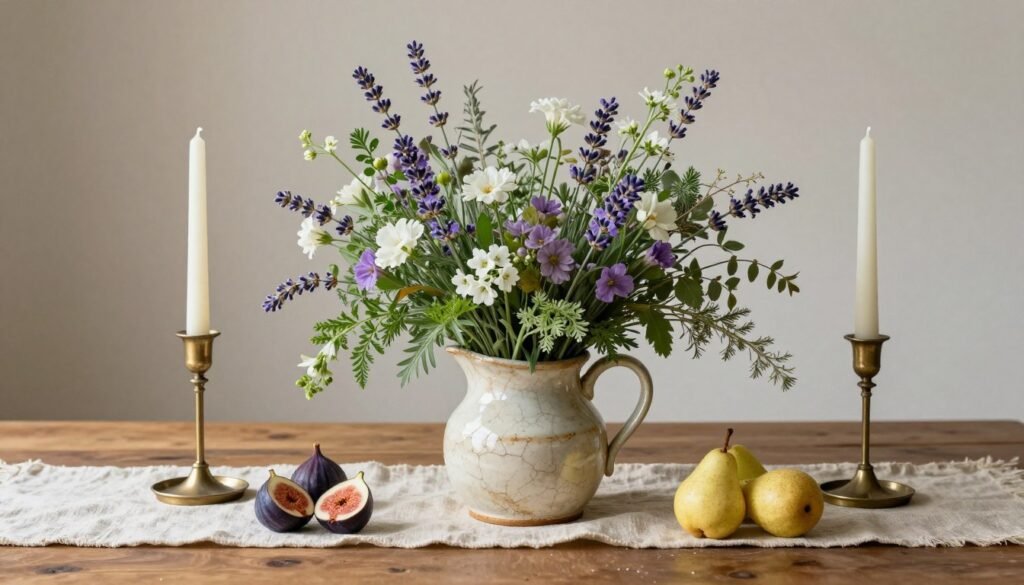 A rustic French country table centerpiece featuring wildflowers and herbs in a weathered ceramic pitcher