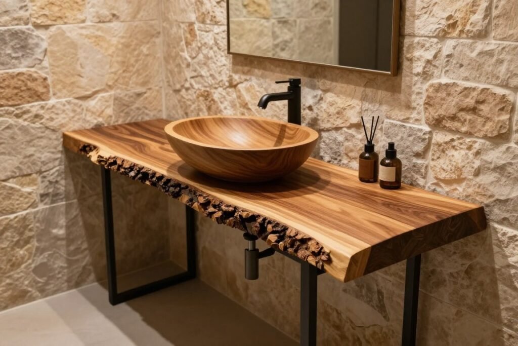 A rustic bathroom featuring a live-edge wood bathroom vanity with vessel sink