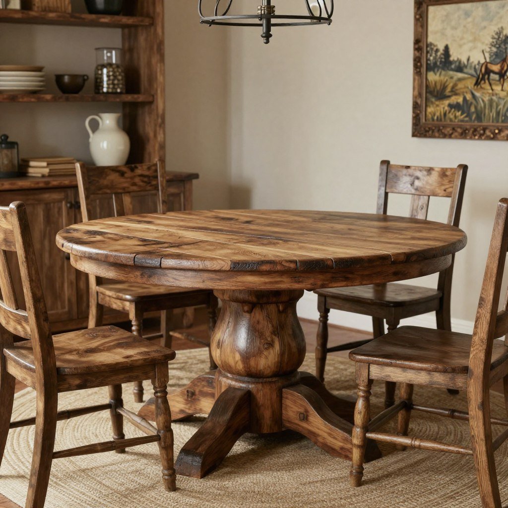 A rustic farmhouse circle dining table with distressed finish