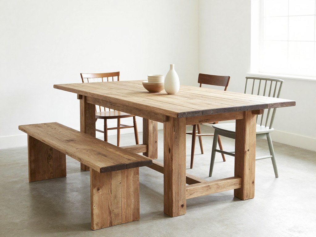 A rustic farmhouse dining room table made of reclaimed wood with a distressed finish, surrounded by mixed-style chairs