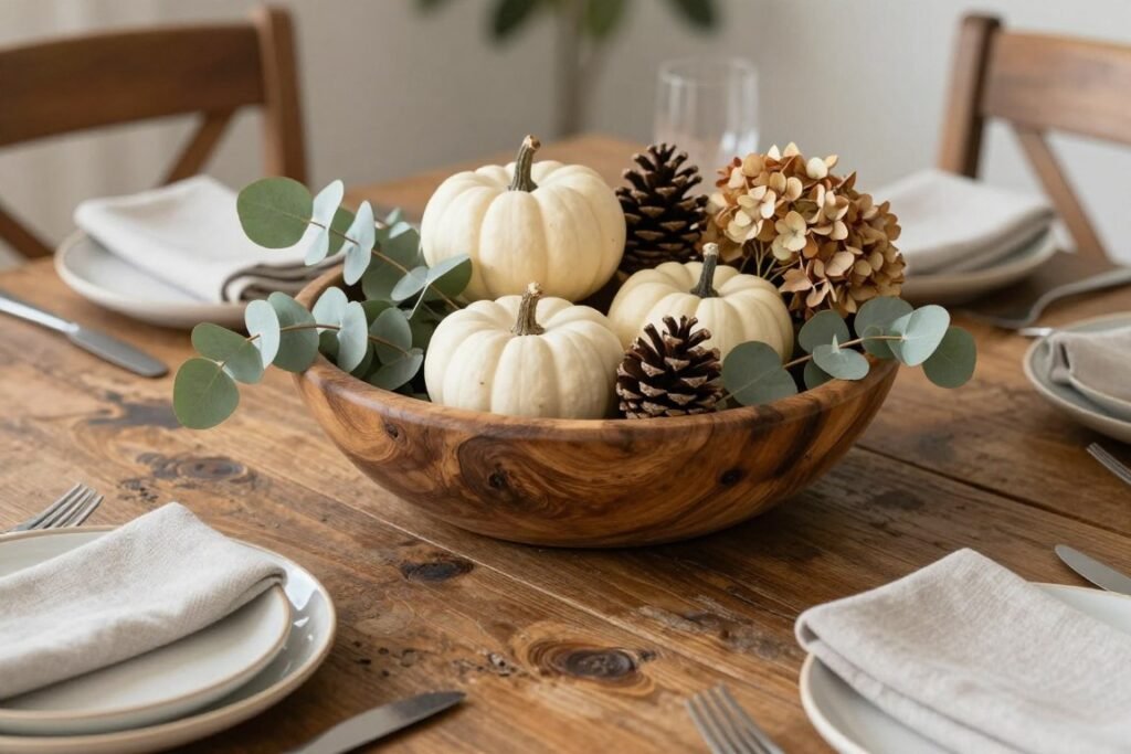 A rustic farmhouse dining table with a wooden dough bowl centerpiece filled with seasonal elements like pinecones, eucalyptus, and white pumpkins A rustic farmhouse dining table with a wooden dough bowl centerpiece filled with seasonal elements like pinecones, eucalyptus, and white pumpkins