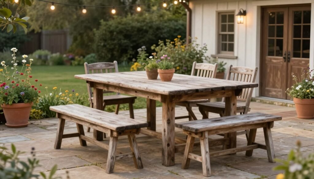 A rustic farmhouse patio dining set with a large wooden table and mixed seating A rustic farmhouse patio dining set with a large wooden table and mixed seating