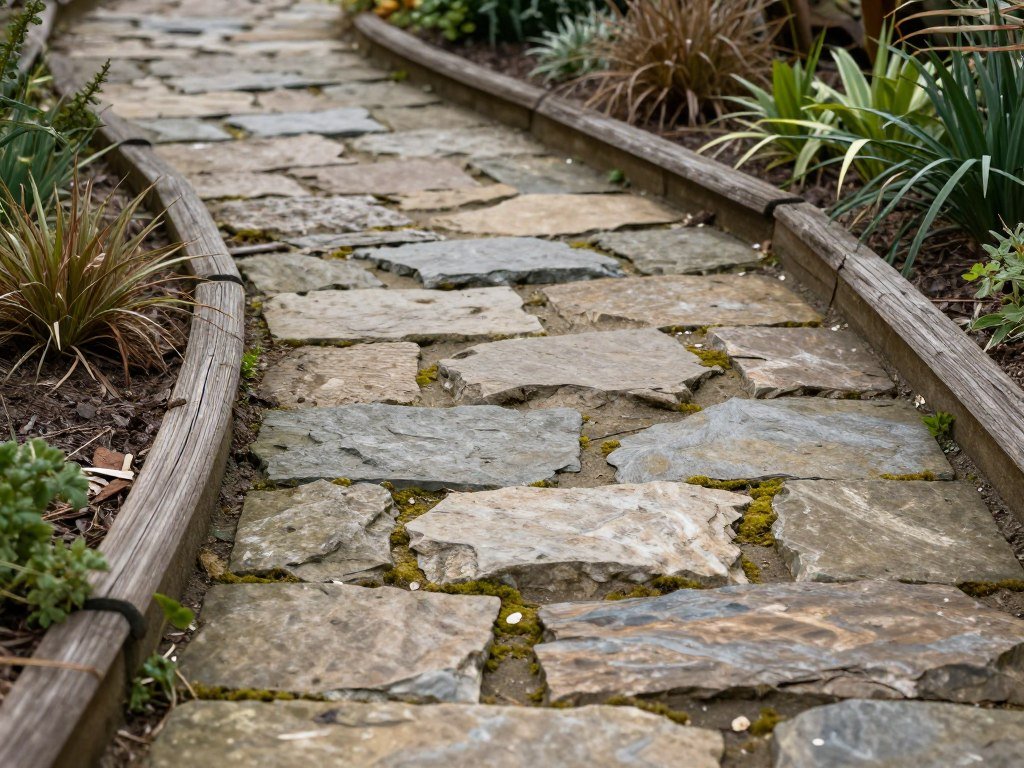 A rustic stone pathway winding through a garden with weathered wooden edging and native plants