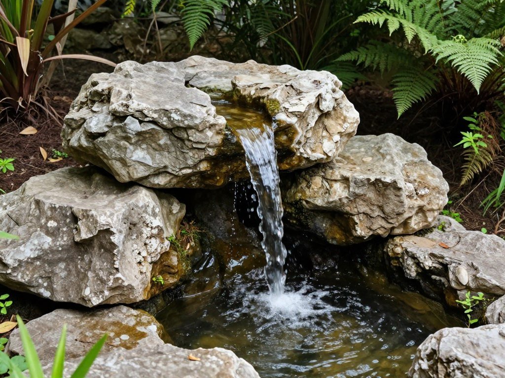 A rustic stone water feature with water cascading over natural rocks into a small pond surrounded by native plants