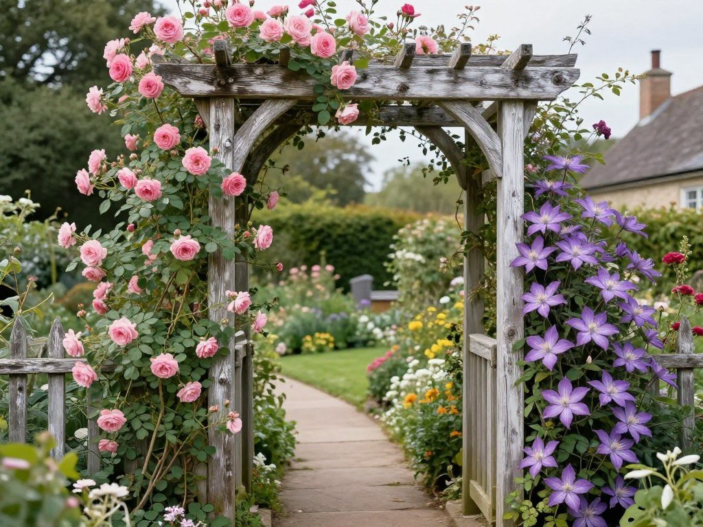 A rustic wooden arbor covered in climbing roses in a cottage core backyard