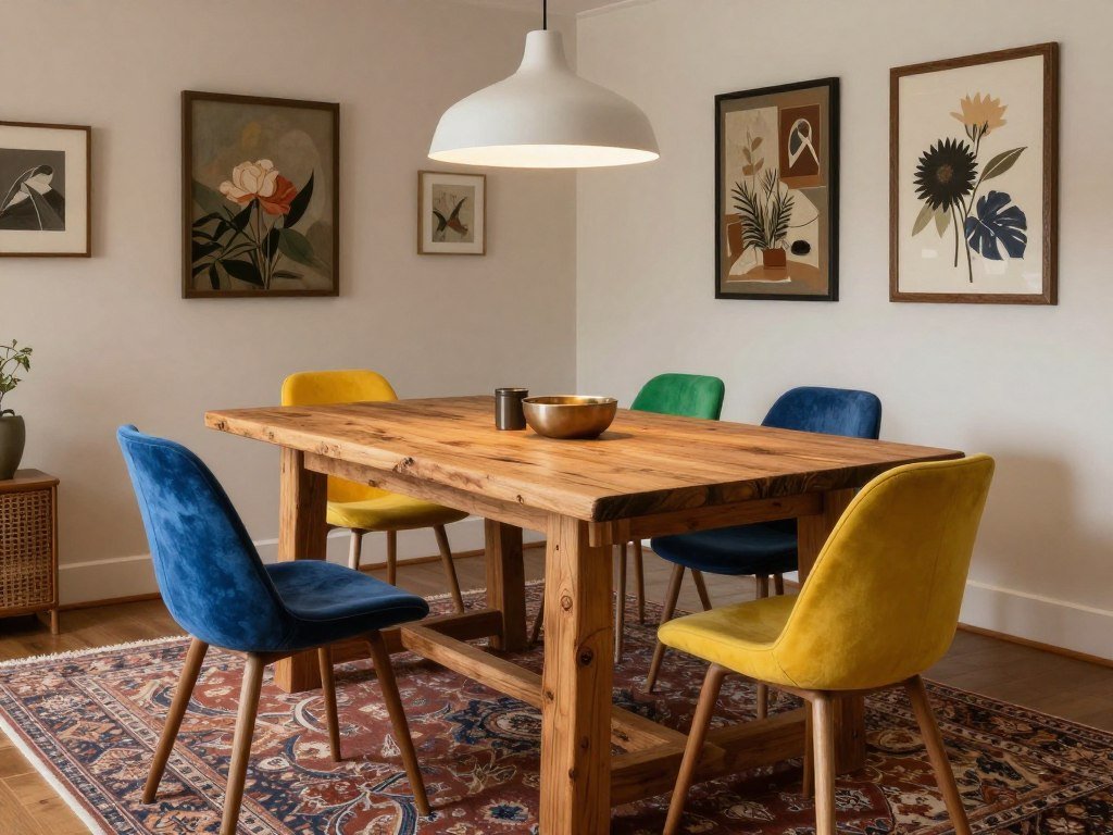 A rustic wooden dining table paired with colorful modern chairs in an eclectic dining space