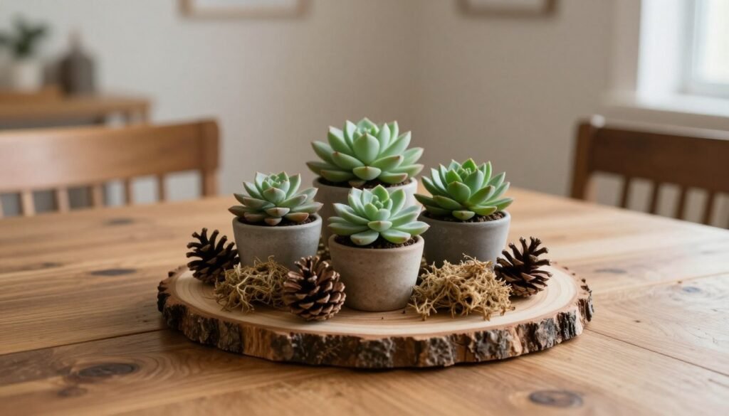 A rustic wooden dining table with a natural centerpiece featuring a wood slice base, potted succulents, and natural elements like pinecones and dried moss