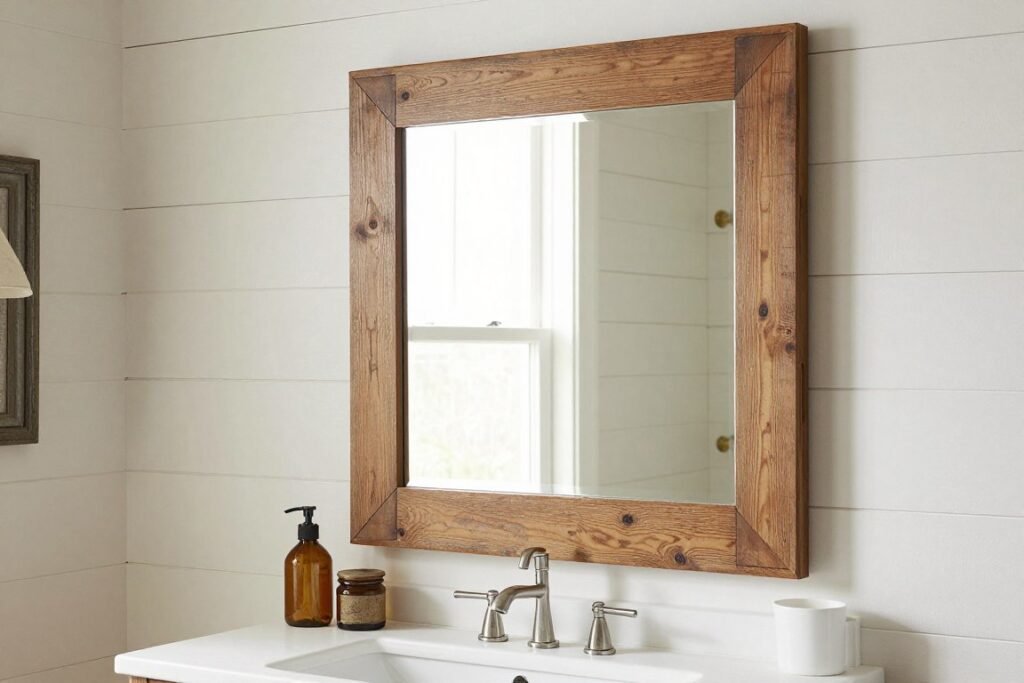 A rustic wooden-framed vanity mirror in a farmhouse-style bathroom