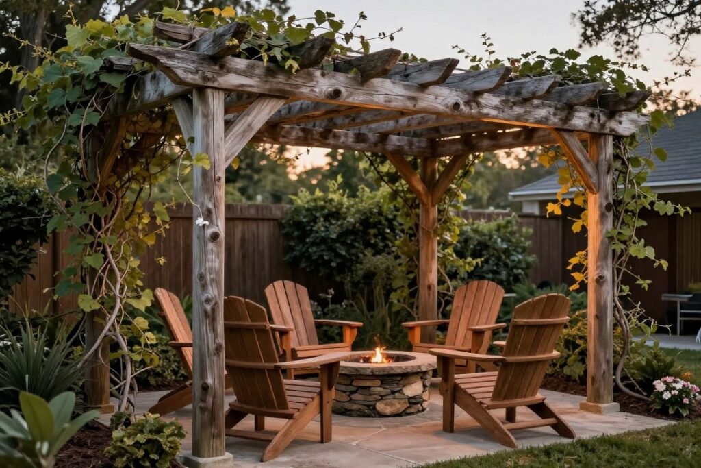 A rustic wooden pergola with climbing vines and a stone fire pit area surrounded by Adirondack chairs