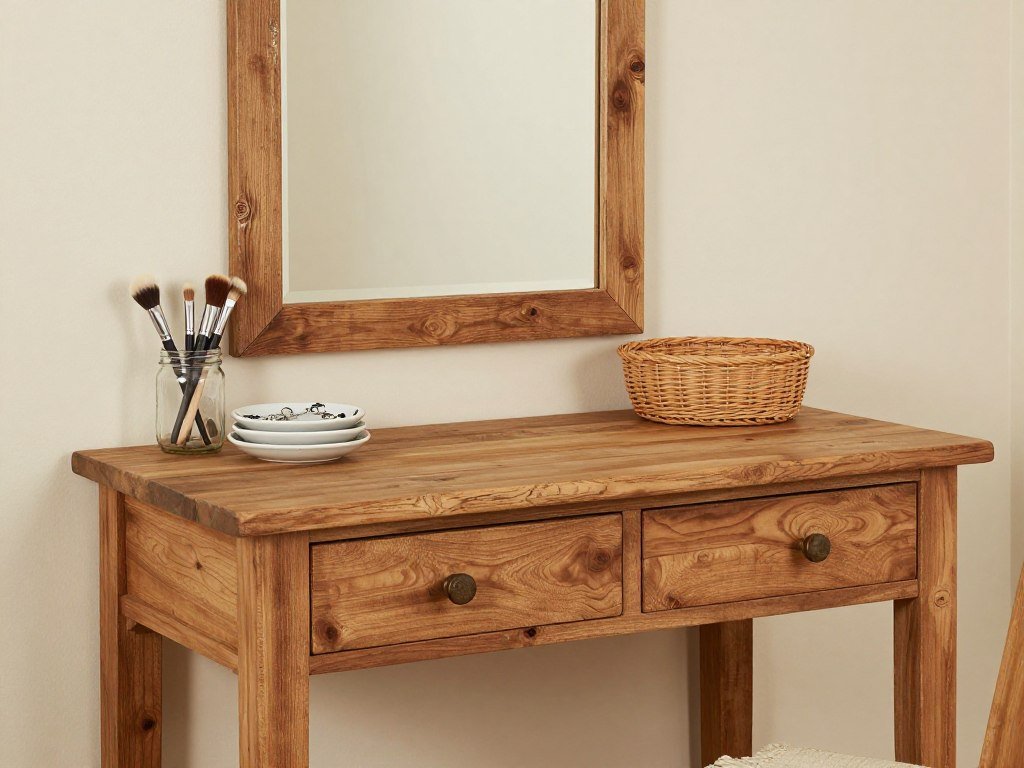 A rustic wooden vanity desk with natural textures, a weathered mirror frame, and mason jars holding makeup brushes