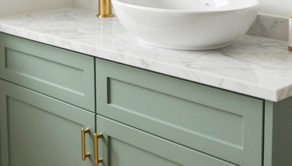 A sage green bathroom vanity with white marble countertop showing beautiful contrast and elegance