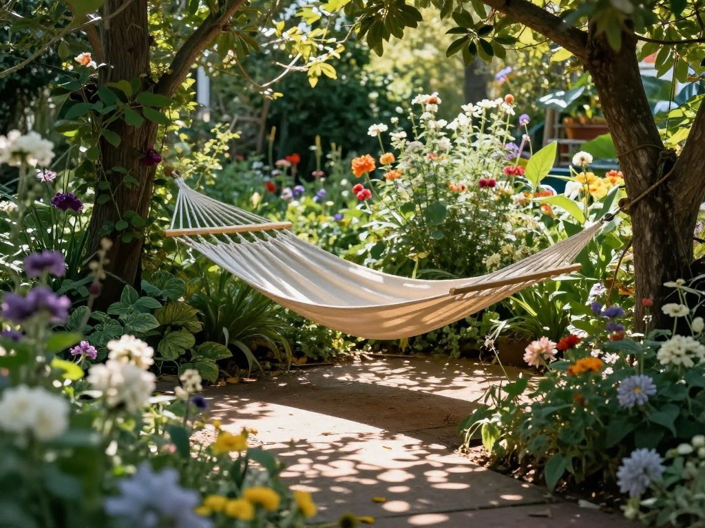 A secluded hammock nestled in a flower garden with blooming plants and a stone pathway leading to it