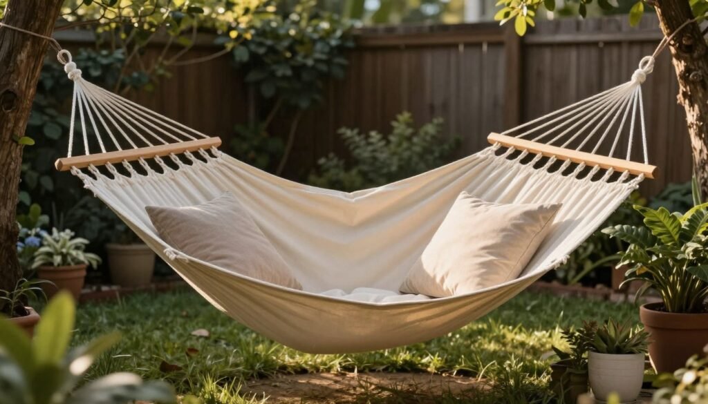 A serene backyard hammock setup with comfortable pillows, nearby plants, and personal touches creating a perfect relaxation spot