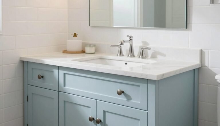 A serene bathroom featuring a powder blue vanity with white marble countertop against white subway tile walls, creating a calm, spa-like atmosphere