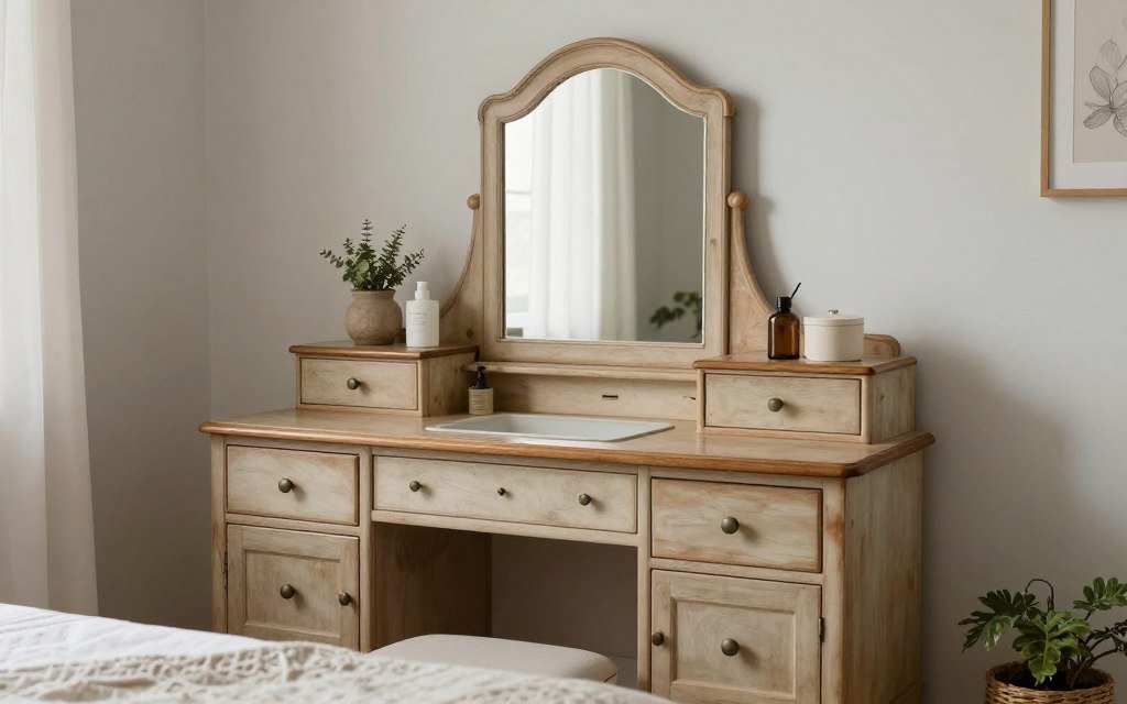 A serene bedroom corner featuring an antique vanity as a focal point, blending vintage charm with contemporary elements