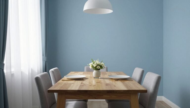 A serene blue dining room with natural light streaming through windows