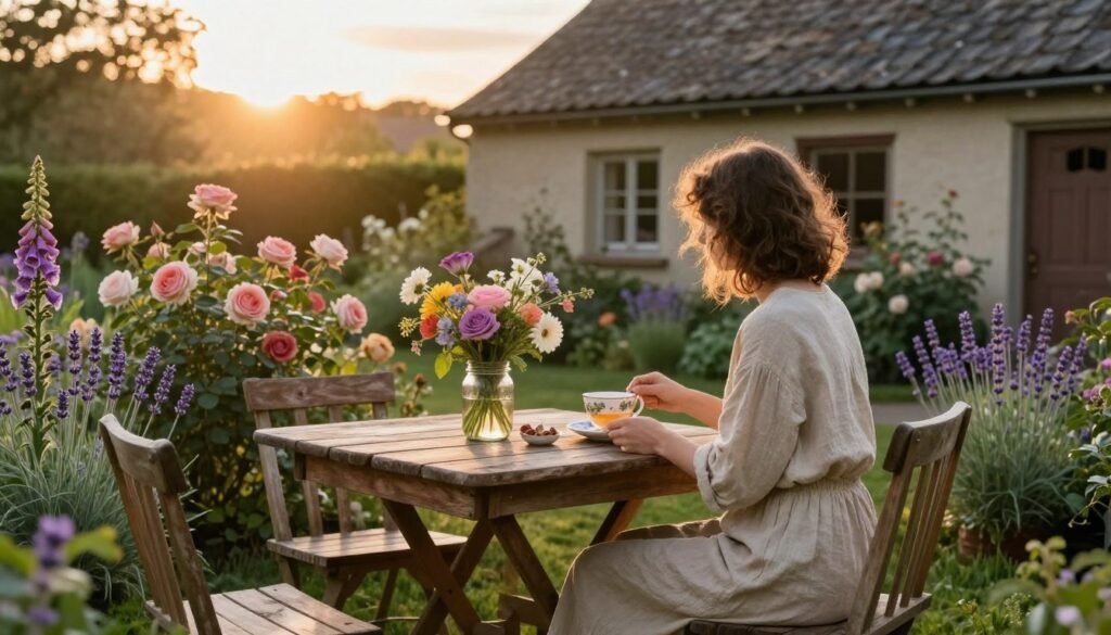 A serene cottage core backyard at sunset with a person enjoying tea at a rustic table surrounded by flowers