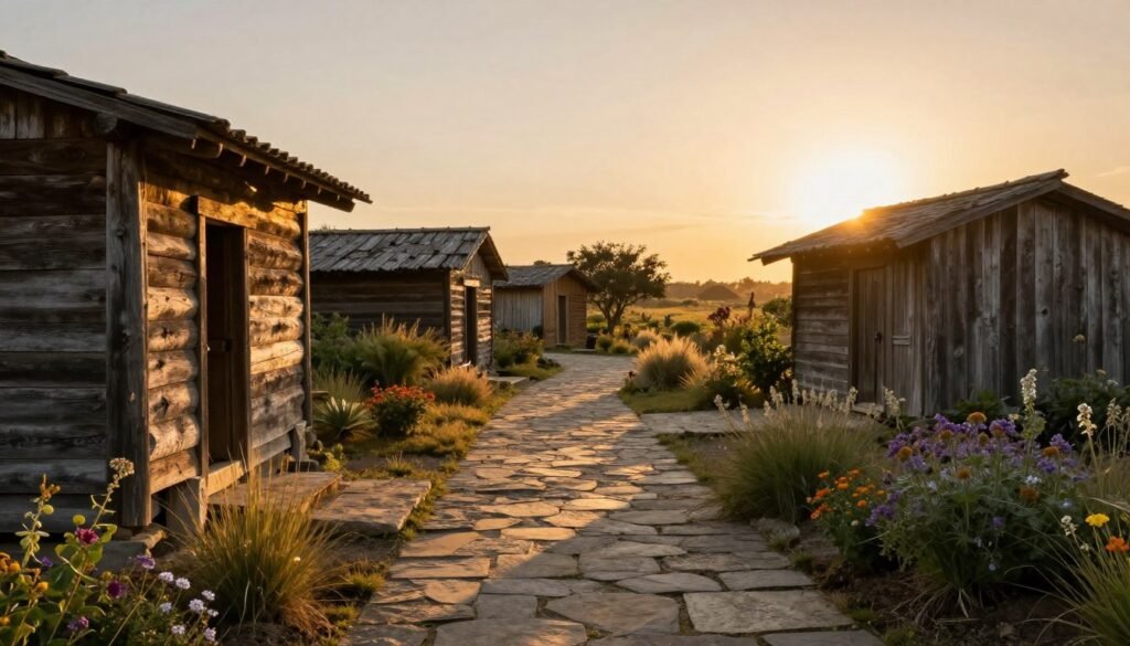 A serene rustic landscape at sunset with golden light illuminating natural materials, weathered structures, and informal plantings
