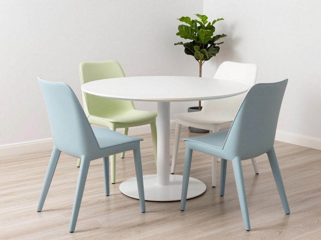 A set of stackable dining chairs in various colors around a small dining table