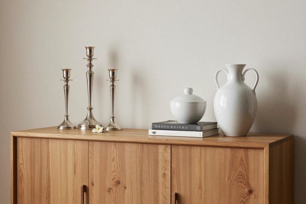 A sideboard styled in Nancy Meyers fashion with layered accessories