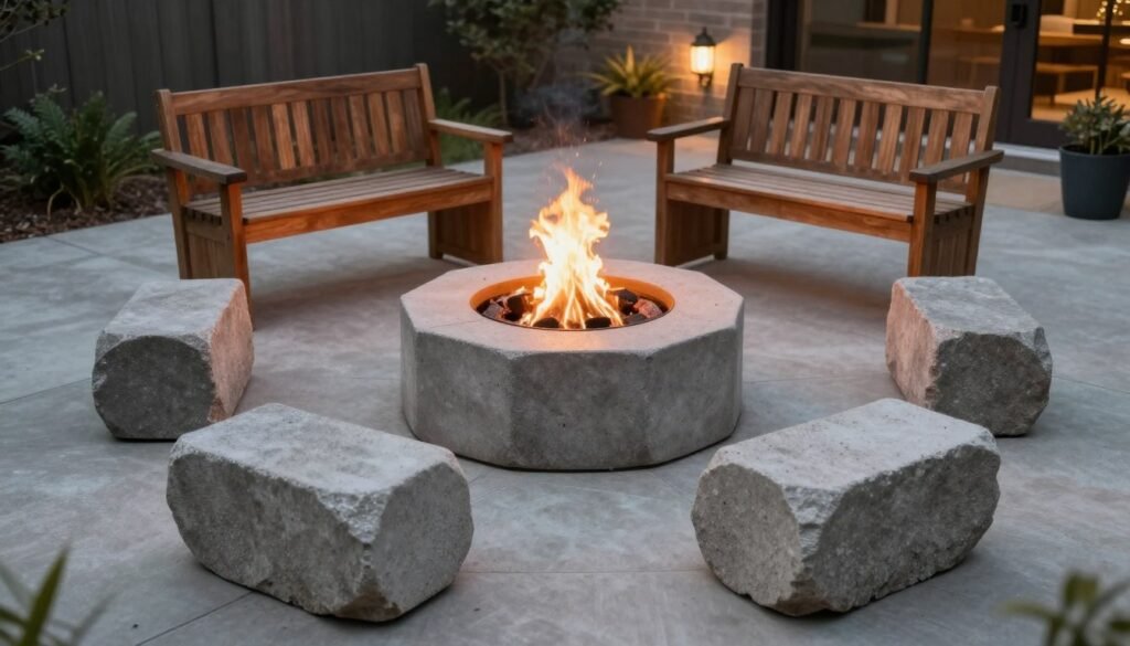 A simple DIY fire pit made from concrete blocks or stones with comfortable seating arranged around it