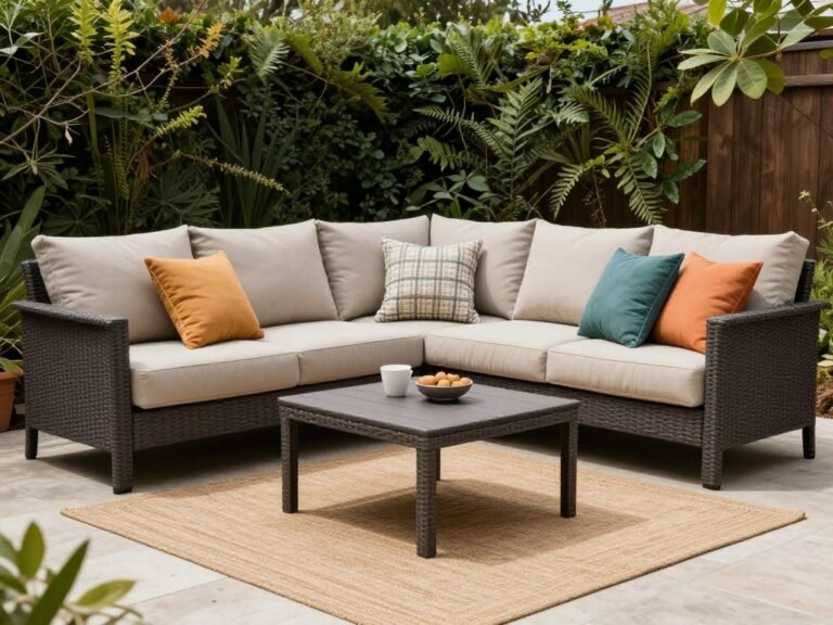 A simple backyard patio with comfortable outdoor furniture arranged around a small coffee table, creating a cozy conversation area