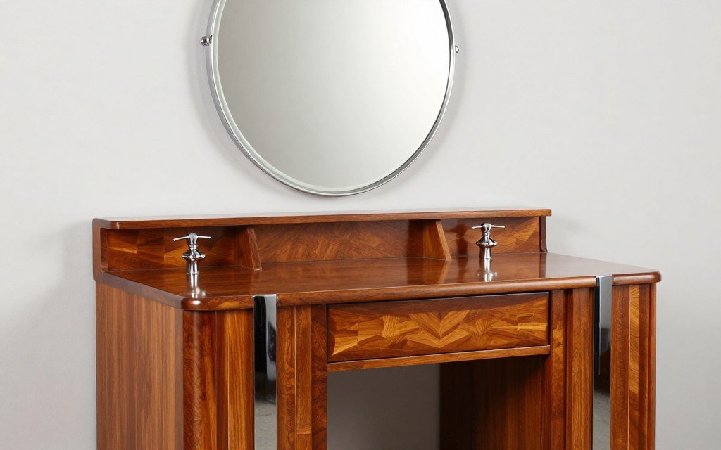 A sleek Art Deco antique vanity from the 1930s featuring geometric patterns and a round mirror