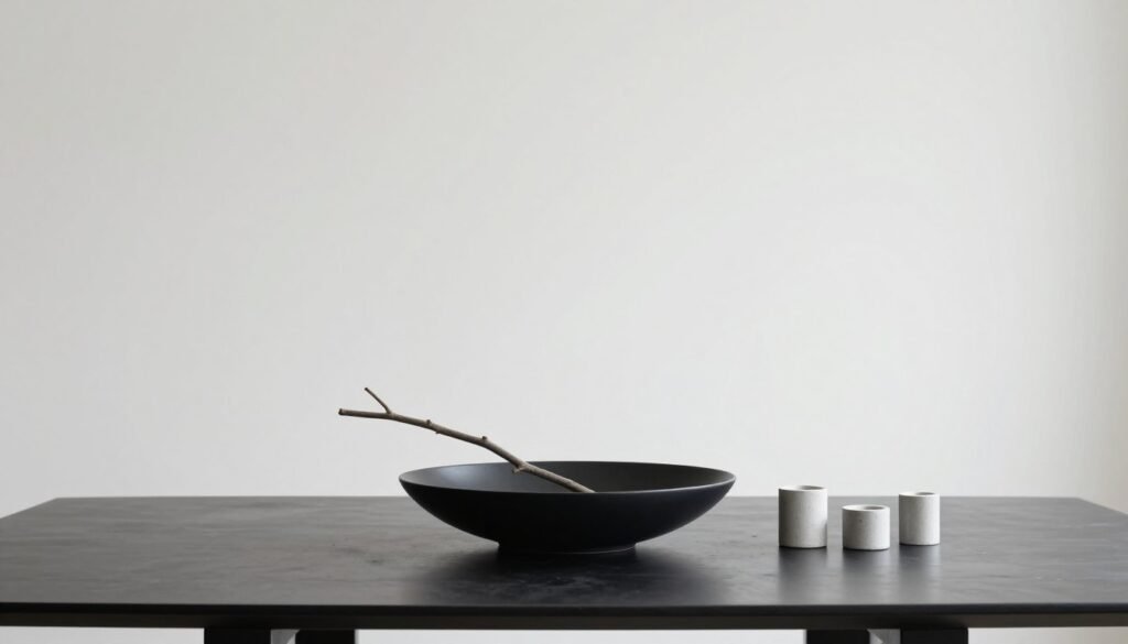A sleek dining table with a minimalist centerpiece featuring a matte black low bowl with a single sculptural branch and three small concrete candle holders