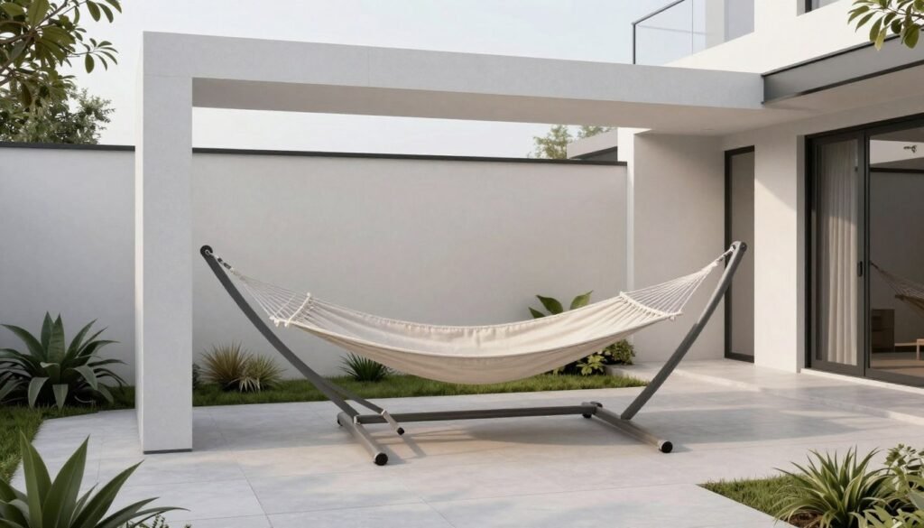 A sleek modern backyard with a clean-lined hammock in neutral tones positioned between architectural supports with minimalist landscaping