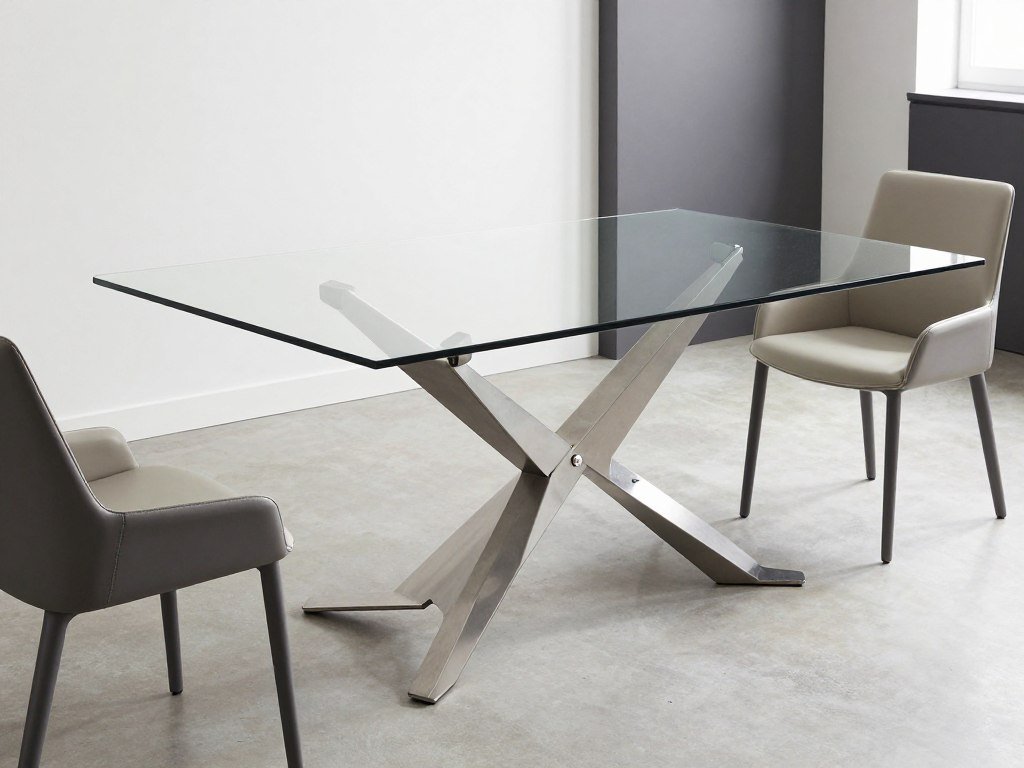 A sleek modern dining room table with a glass top and metal base in a contemporary dining space