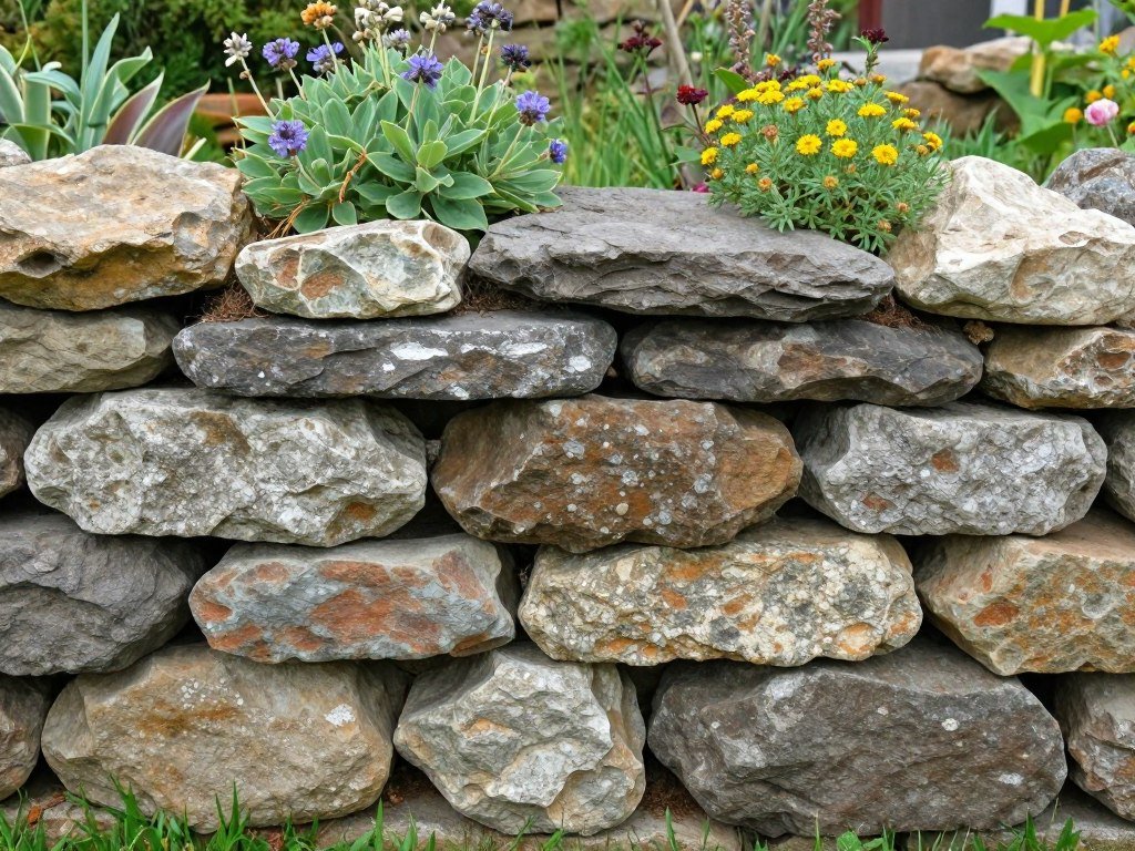 A small DIY dry-stack stone wall with alpine plants growing in the crevices in a rustic garden setting