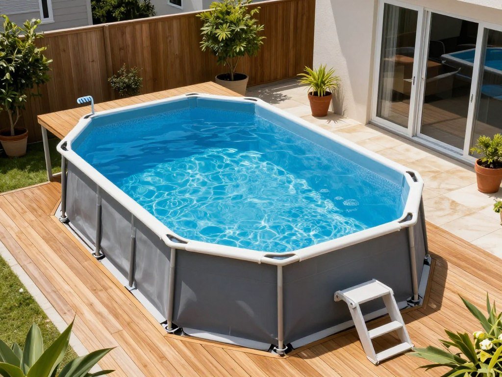 A small above-ground pool integrated with wooden decking in a compact backyard