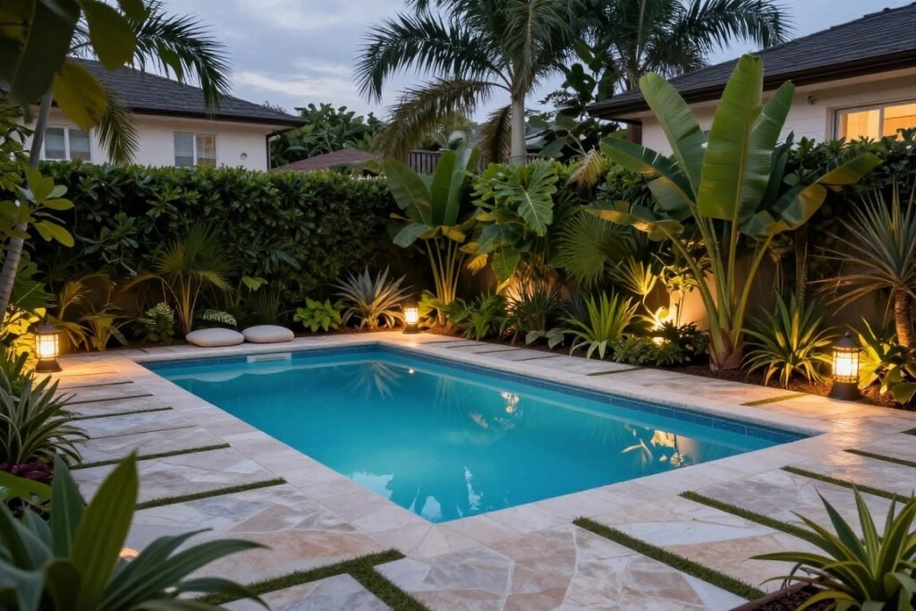 A small backyard pool beautifully integrated with lush landscaping and hardscaping elements