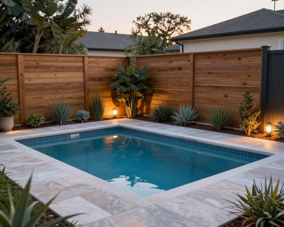 A small backyard pool surrounded by water-friendly plants and modern privacy screens