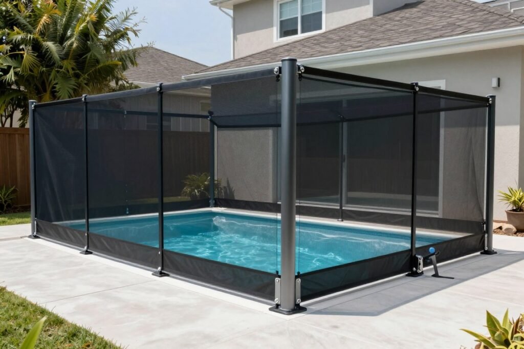 A small backyard pool with safety features including a modern glass fence and pool cover