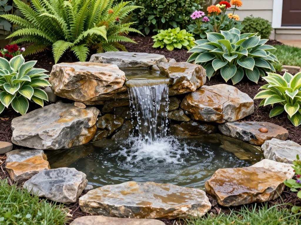 A small backyard water feature with a gentle waterfall flowing over natural stones surrounded by lush plantings