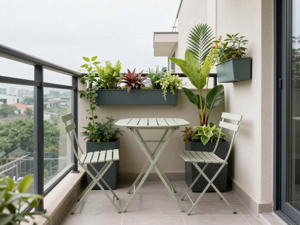 A small balcony or patio with space-saving furniture and vertical plantings