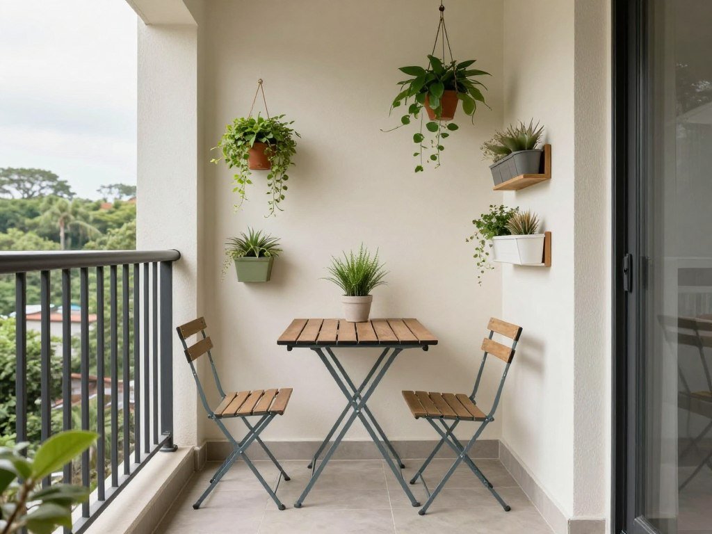 A small balcony or tiny patio transformed into a cozy retreat with space-saving furniture and vertical elements