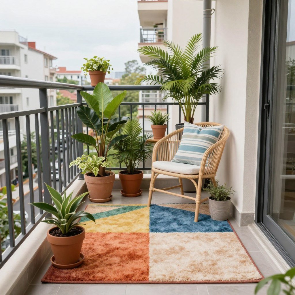 A small balcony transformed with a colorful outdoor rug and compact furniture