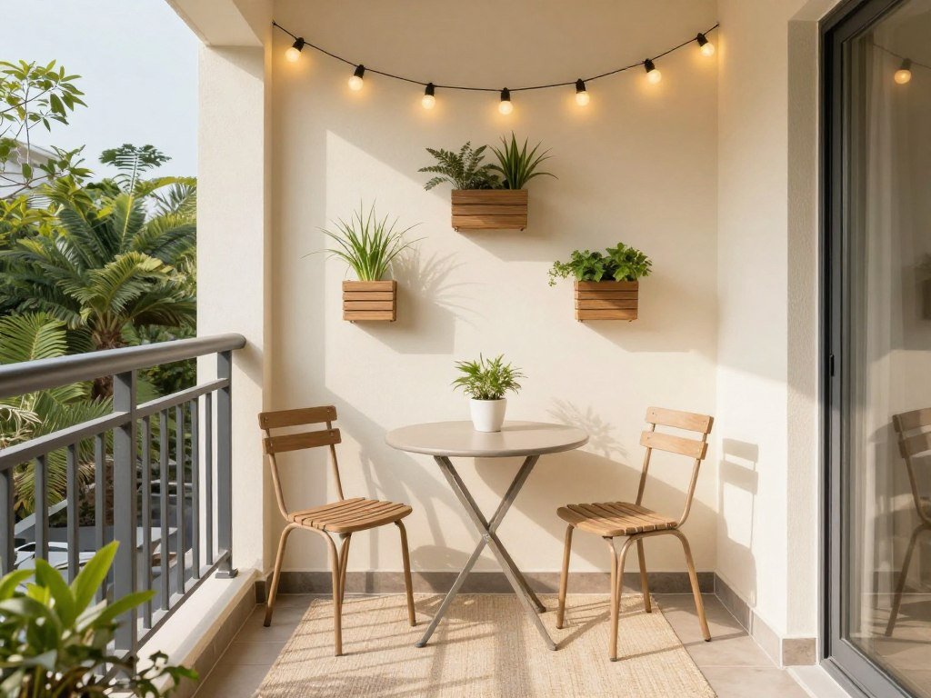 A small balcony with compact bistro set and vertical planters maximizing limited space