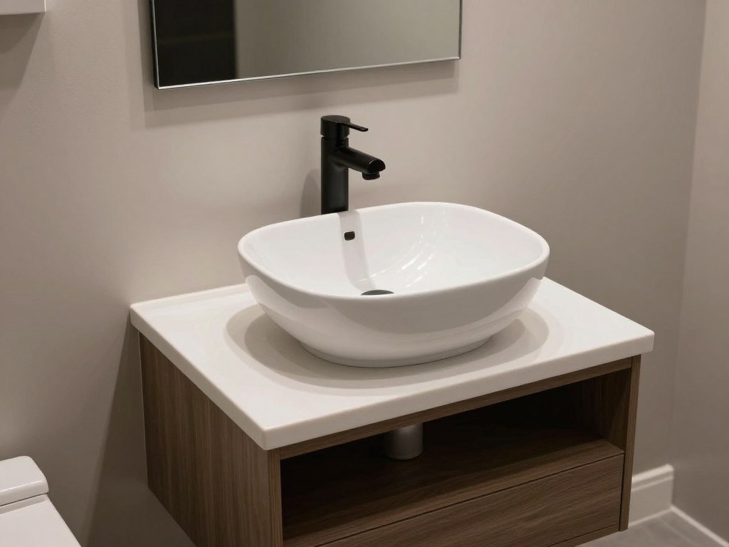 A small bathroom vanity with a vessel sink creating a stylish focal point