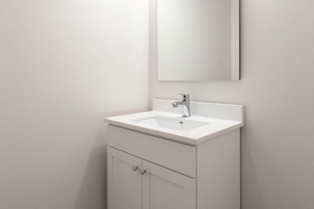 A small bathroom with a compact white vanity that makes the space feel larger