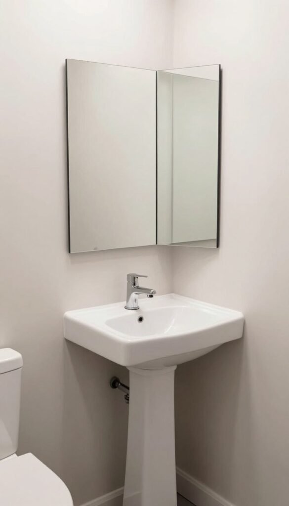 A small bathroom with a corner-mounted mirror that maximizes space, positioned above a compact vanity