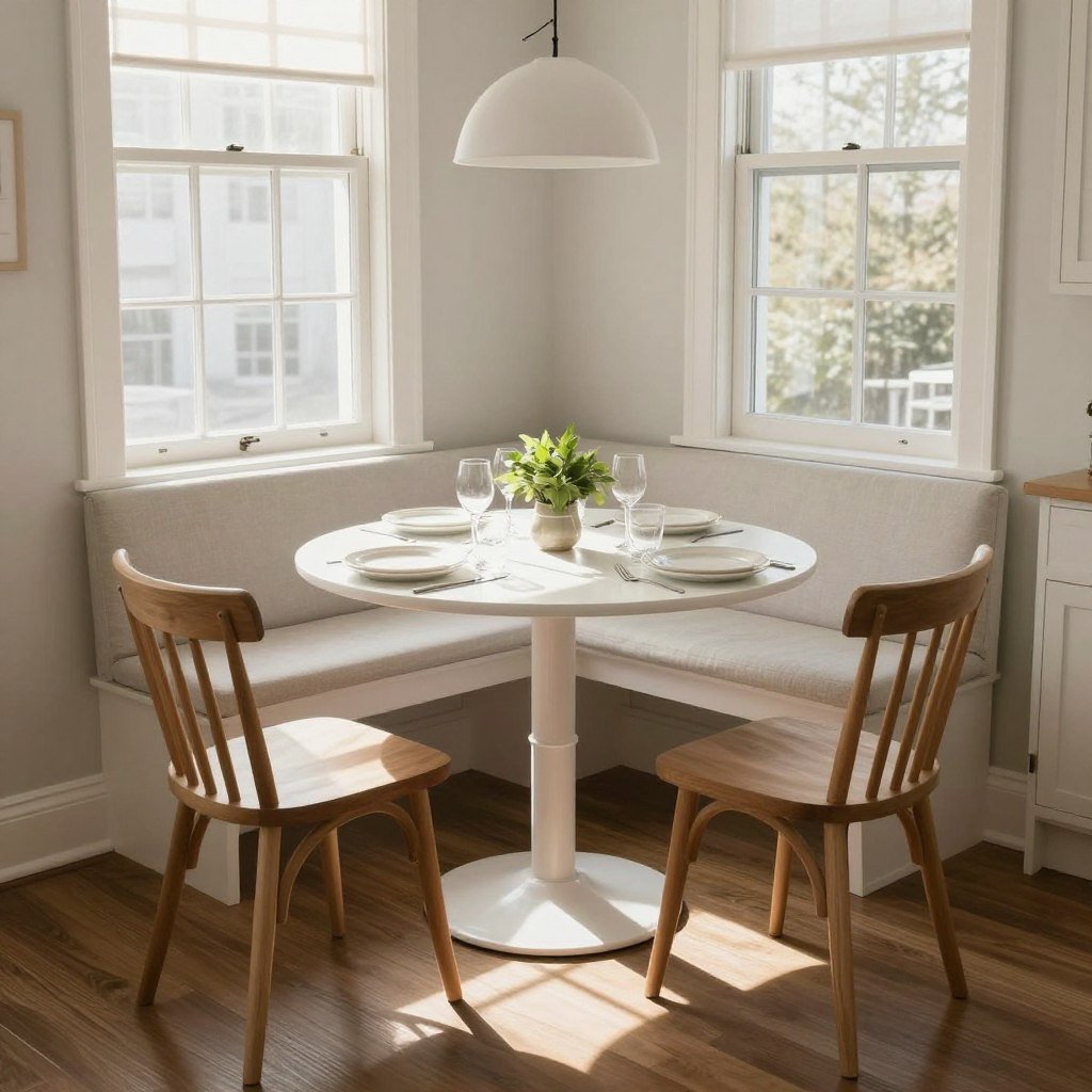 A small circle dining table in a cozy breakfast nook with built-in bench seating
