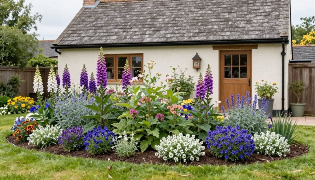 A small cottage-style front yard with layered flower beds