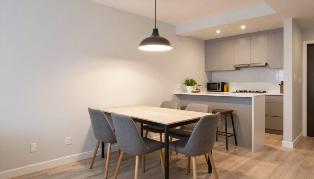 A small dining area adjacent to a kitchen with cohesive design elements