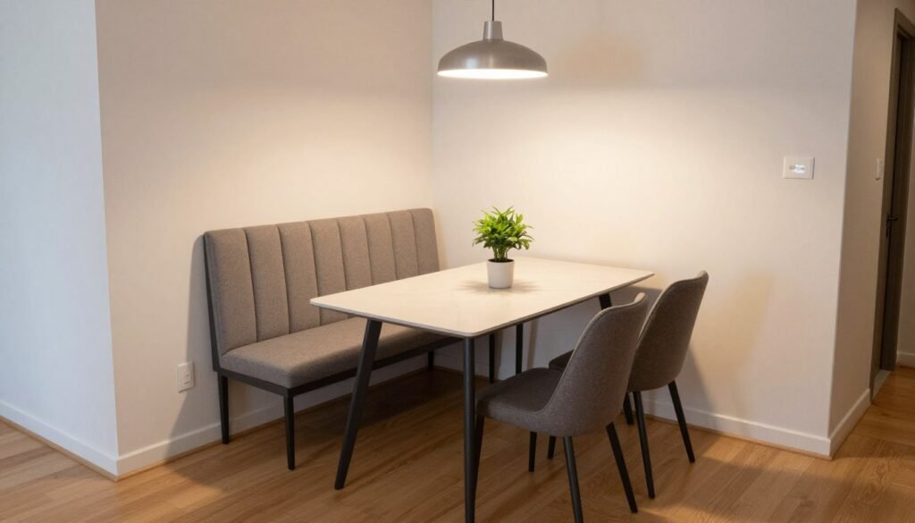 A small dining area with a bench along one side of the table and chairs on the other