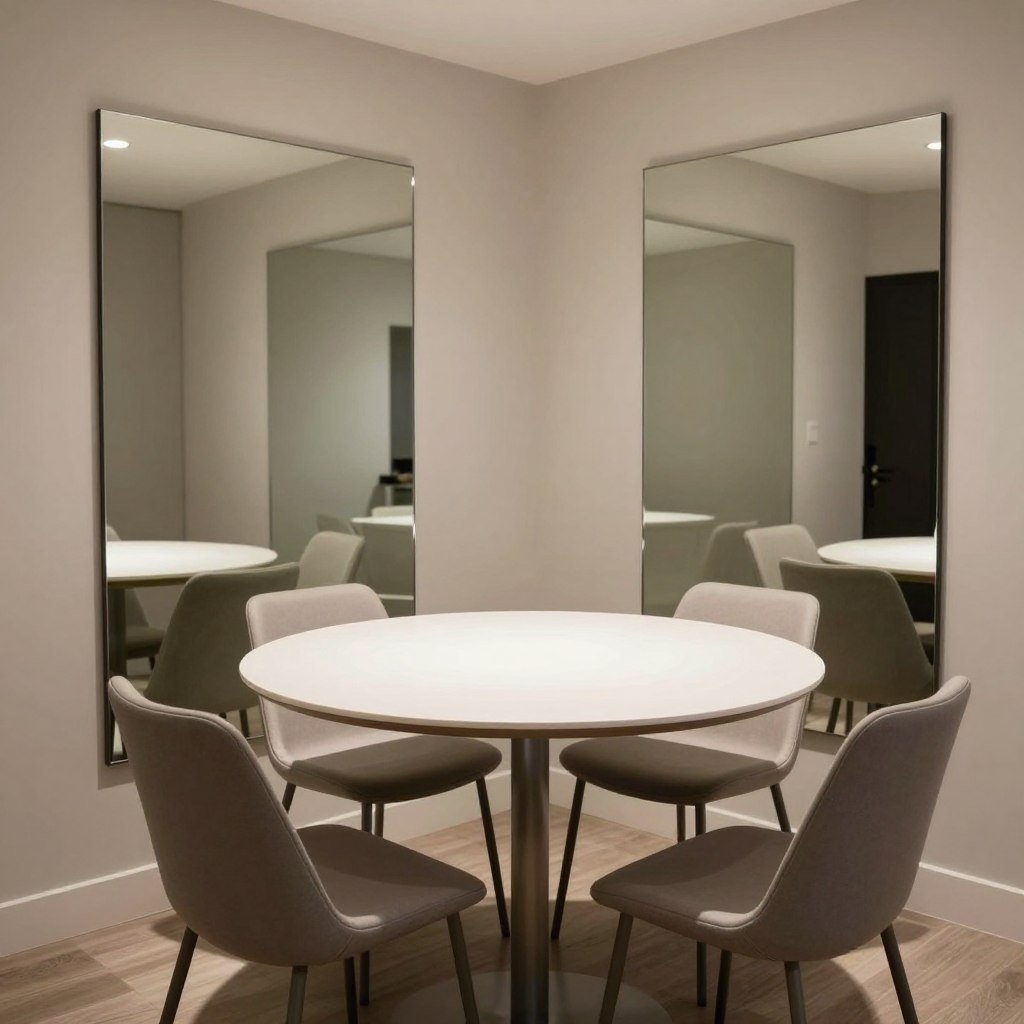 A small dining area with a circle table and strategically placed mirror to expand the space visually