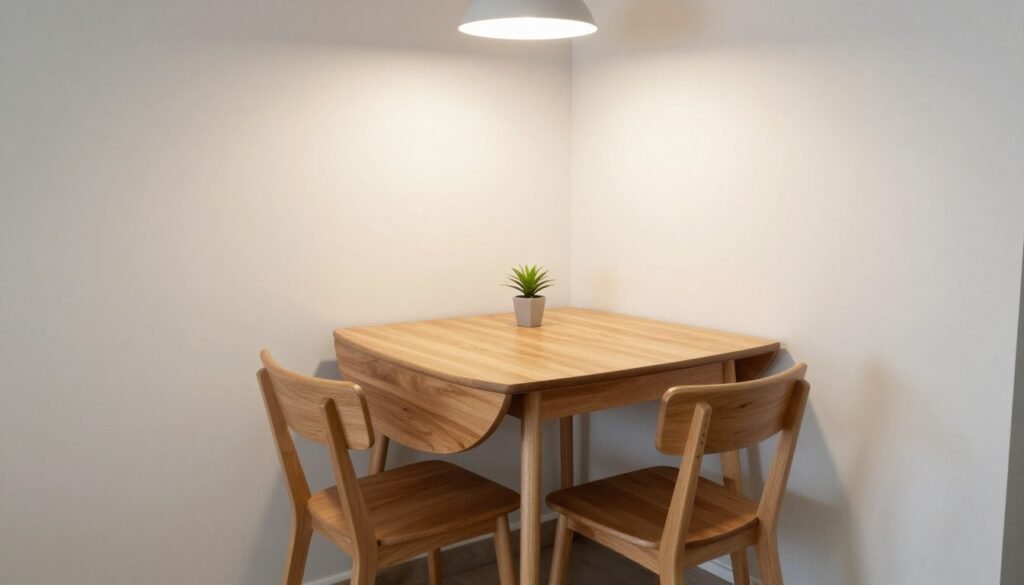 A small dining area with a drop-leaf table against a wall, with two chairs tucked underneath