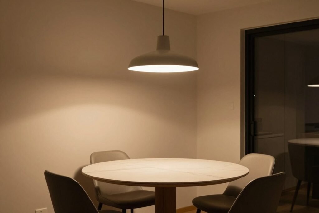 A small dining area with a statement pendant light hanging over the table